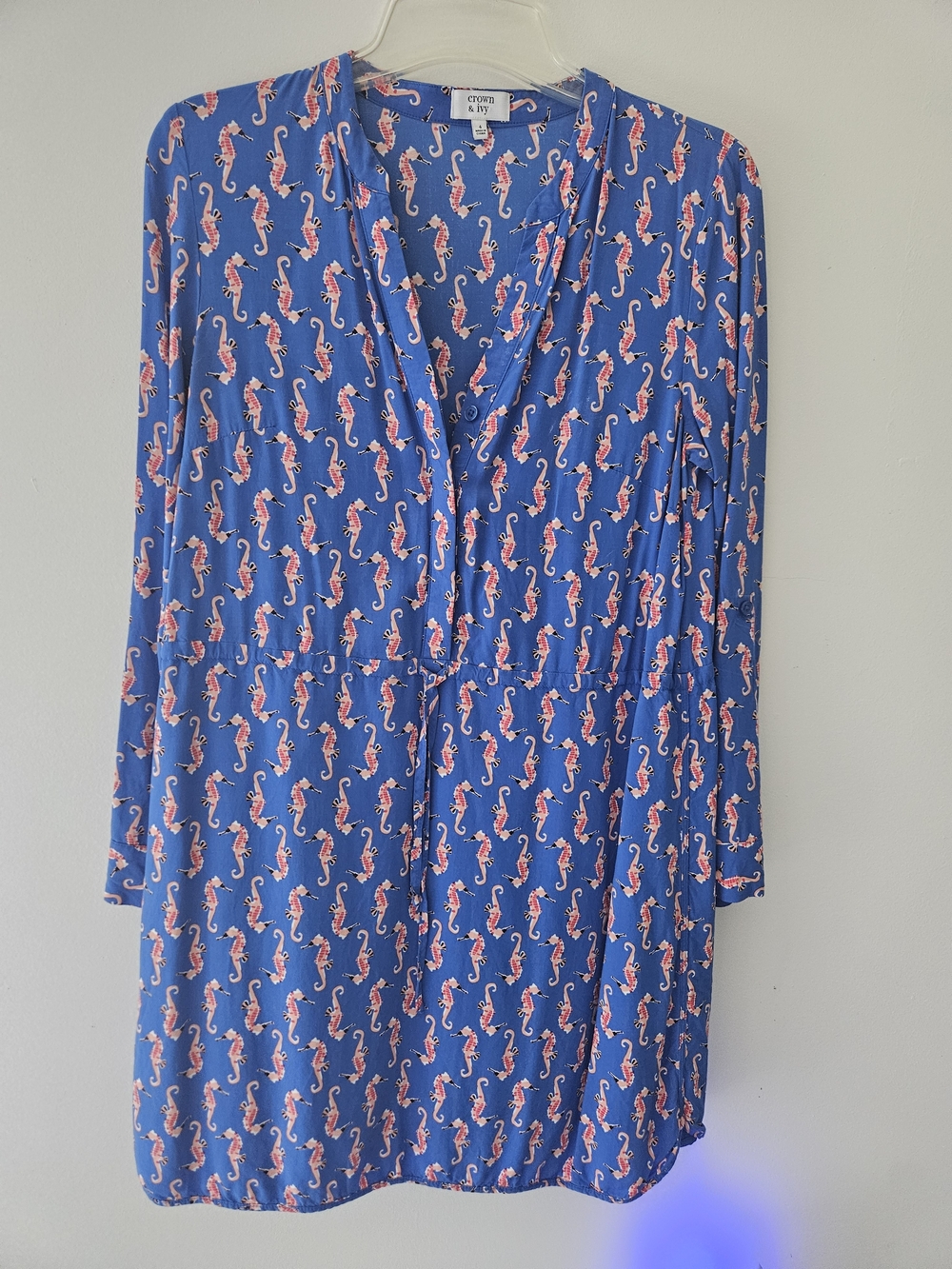 Crown & Ivy Blue Seahorse Print Long-Sleeve Drawstring Dress size 4 - Picture 3 of 11